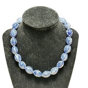 Blue White Porcelain Chinese Longevity Symbol Necklace 18” Ceramic Chinoiserie